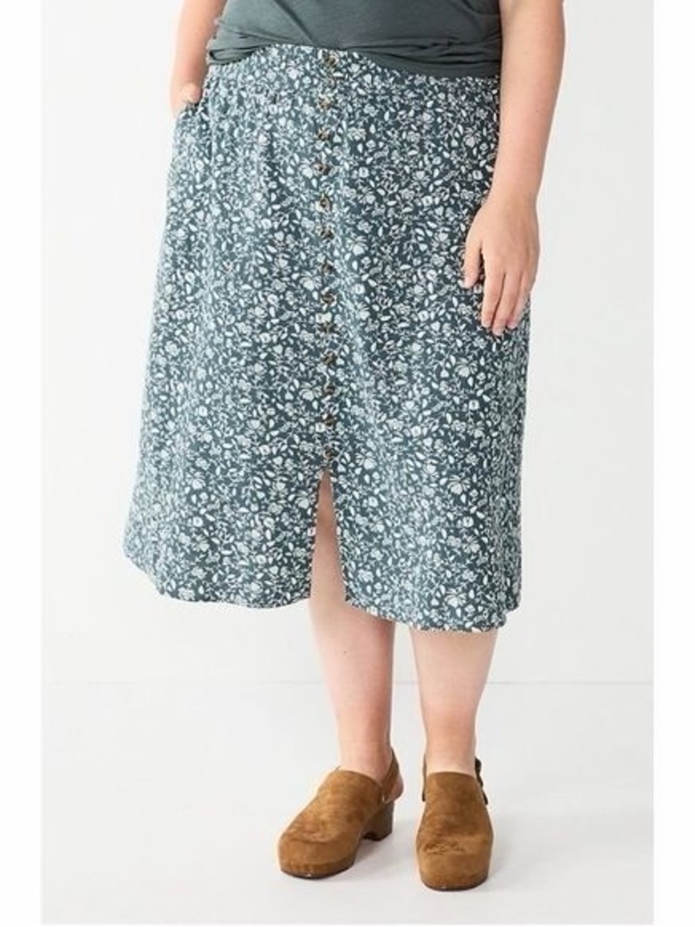 Sonoma Teal Floral Vented Button-Front Midi Skirt